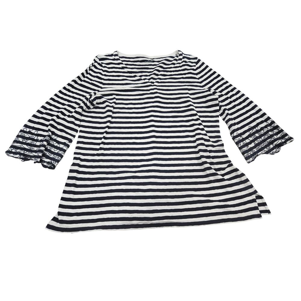 Talbots XL Navy White Striped Top Embroidered Sleeve Nautical Tunic
